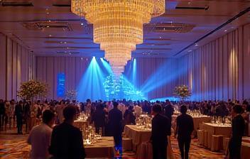 Elegant corporate gala dinner with creative lighting design