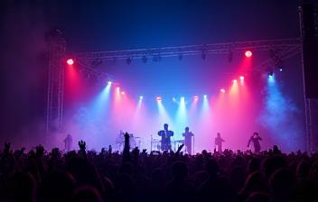 Live concert stage with LED lighting and performers